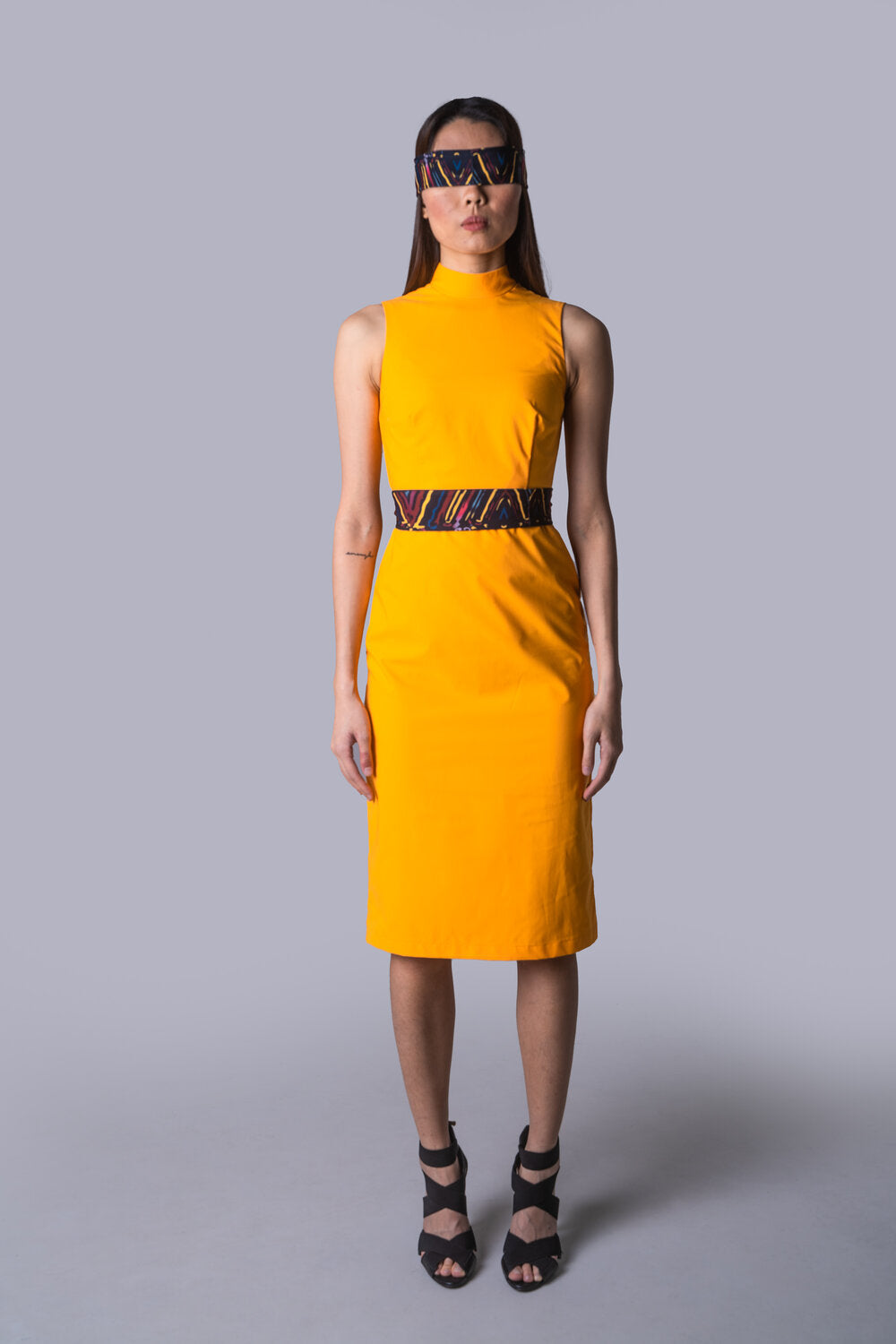 Mandarin Collar Sheath Dress with Sash - sold out